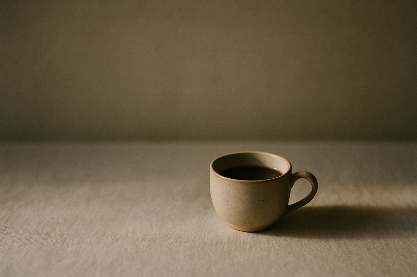 A single cup of coffee on pale linen at dawn — a calm morning before a full day