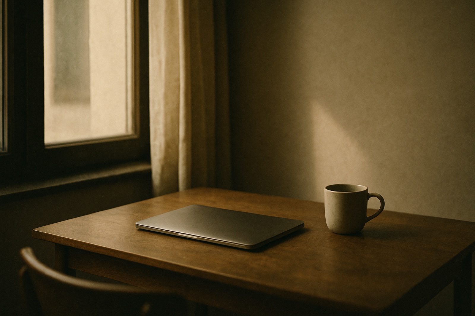 A sunlit writing desk at quiet morning, the laptop pushed aside — the keyboard at rest